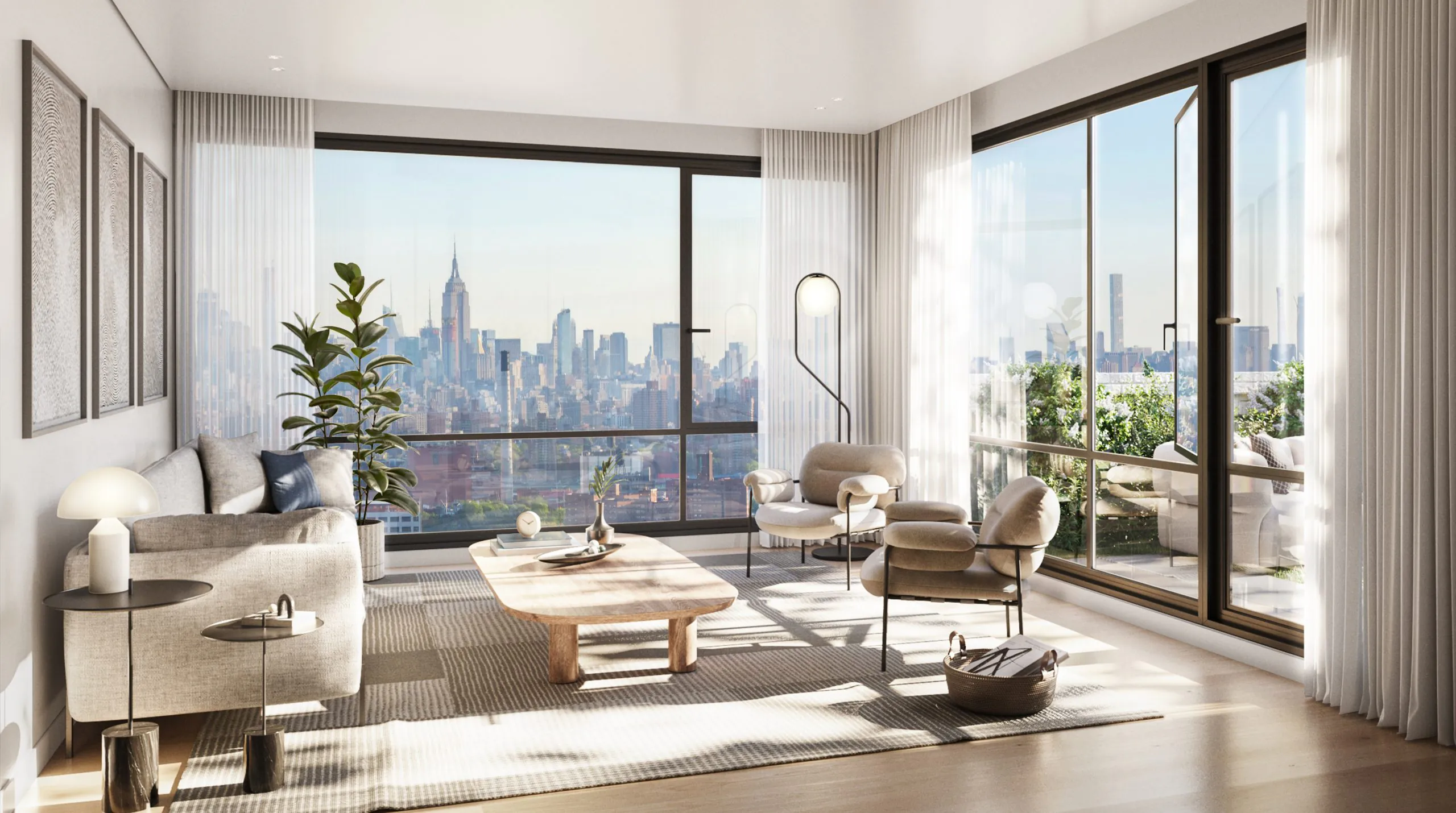 Open and airy living rooms at luxury rental building Amnia BK in Downtown Brooklyn