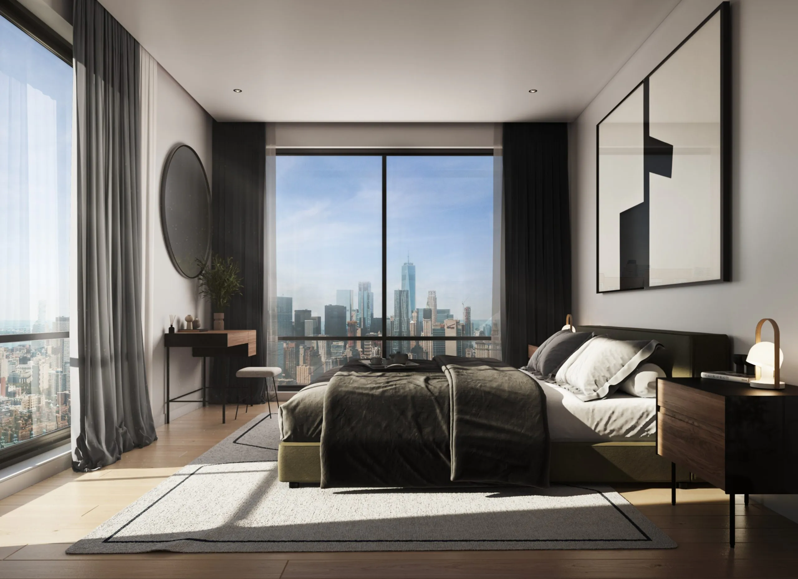High ceilings, open city views, and generous proportions are what make the primary bedrooms at Amnia perfect