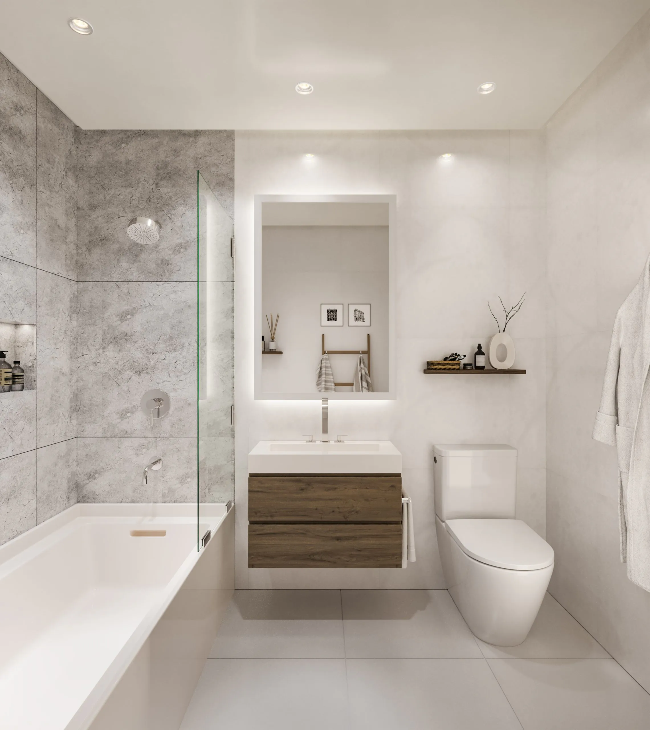 Generously proportioned and outfitted with clean, minimalistic finishes create a harmonious atmosphere in the spa-like bathrooms at Amnia